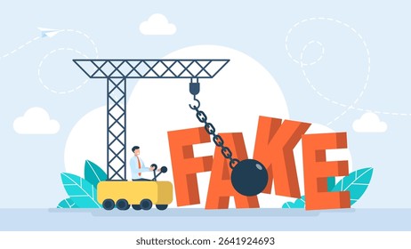 Exposition of lies. Breaking fakes. Chaos of misinformation, fake news, trolling, censorship, hacking, and whistleblowing. Social media's role in shaping perceptions. Vector illustration