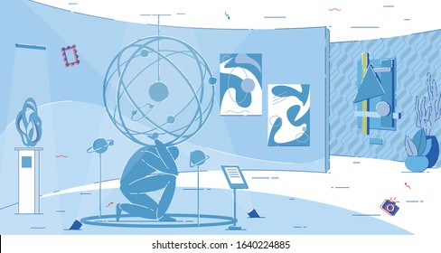 Exposition with Moving Mazes and Installations. Exhibit Room Interior. Mixed Theme Exhibition. Display Pieces Combining Natural Science and Modern Arts. Man Holding Solar System on His Shoulders.