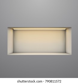 Exposition shelf illuminated with warm light. Vector illustration.