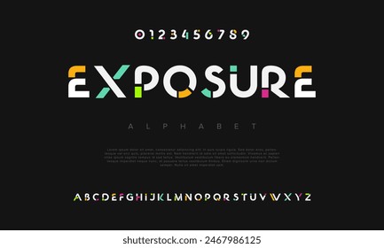 Exposure creative geometric modern urban alphabet font. Digital abstract futuristic, fashion, sport, minimal technology typography. Simple numeric vector illustration