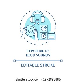 Exposure to loud sounds concept icon. Acquired hearing loss idea thin line illustration. Noise emission in decibels. Volume levels. Vector isolated outline RGB color drawing. Editable stroke
