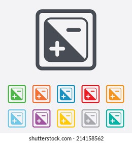 Exposure photo camera sign icon. Quantity of light settings. Round squares buttons with frame. Vector