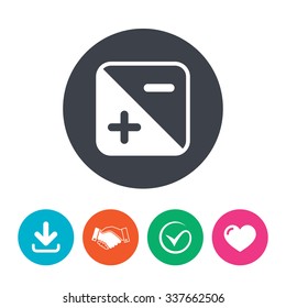 Exposure photo camera sign icon. Quantity of light settings. Download arrow, handshake, tick and heart. Flat circle buttons.