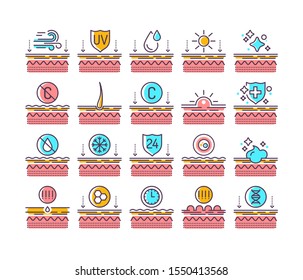 Exposure to skin external factors, aging, care, genetics line color icons set. Human skin layers. Signs for web page, mobile app, button, logo. Vector isolated element. Editable stroke.