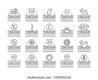 Exposure to skin external factors, aging, care, genetics line black icons set. Human skin layers. Signs for web page, mobile app, button, logo. Vector isolated element. Editable stroke.