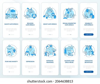 Exposure to violence onboarding mobile app page screen set. Mental health effects walkthrough 5 steps graphic instructions with concepts. UI, UX, GUI vector template with linear color illustrations