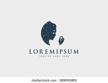 exposure woman and galaxy logo design inspiration. Vector illustration silhouette of galactic woman's face and holding the planet