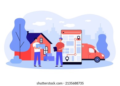 Express address shipping of parcels by courier. Man sending boxes by mail along route on phone map flat vector illustration. Delivery service concept for banner, website design or landing web page