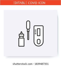 Express antibody test kit line icon.Rapid covid19 blood test.Pipette, reagent bottle and finger stick for antibody test. Flu, covid diagnostics equipment. Isolated vector illustration.Editable stroke 