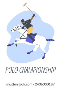 Exprese el ardor del deporte de polo con esta ilustración vectorial. Haciendo hincapié en un jugador de polo golpeando la pelota mientras está en un caballo de ritmo rápido, este gráfico da una idea del desafío del juego