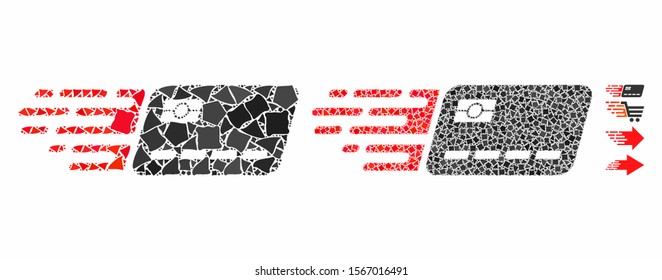 Express banking card composition of bumpy parts in variable sizes and color hues, based on express banking card icon. Vector humpy parts are combined into collage.