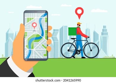 Express-Fahrradzustellung-Bestellservice-App-Konzept. Handhalten Smartphone mit Geotag-GPS-Standort-Pin auf der Stadtstraße und schnelle Fahrradversand Kurier mit Rucksack. Online-Applikations-Vektor