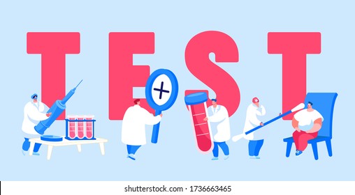 Concepto de análisis de sangre expreso. Pequeños pacientes y médicos personajes en el laboratorio con frascos de vidrio para el sida de diagnóstico, Adn, pancarta de carteles de la enfermedad Covid 19. Ilustración de vectores de personas de caricatura