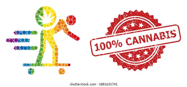 Express cannabis courier collage icon of spheric elements in variable sizes and LGBT colored color hues, and 100 percent Cannabis unclean rosette seal imitation.