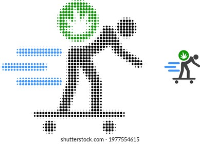 Express cannabis courier halftone dotted icon illustration. Halftone array contains circle pixels. Vector illustration of express cannabis courier icon on a white background.