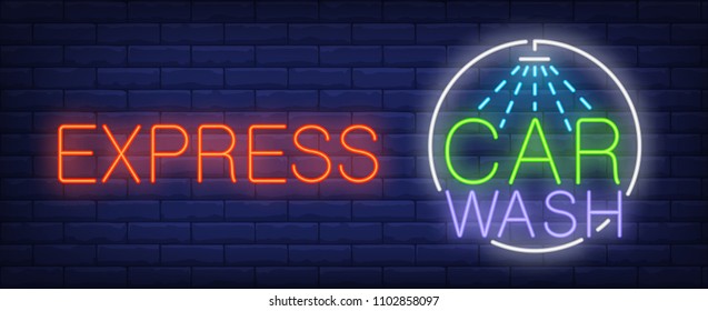 Express car wash neon sign. Luminous signboard with car shower. Night bright advertisement. Vector illustration in neon style for automobile service commercial