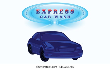 Express car wash - car and water shower - isolated on white background - vector art.
