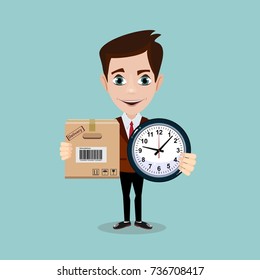 Express Cargo Delivery Icon.Time management and special delivery for businessman. Business character holding cardboard box and clock . Isolated on white background. Stock vector illustration