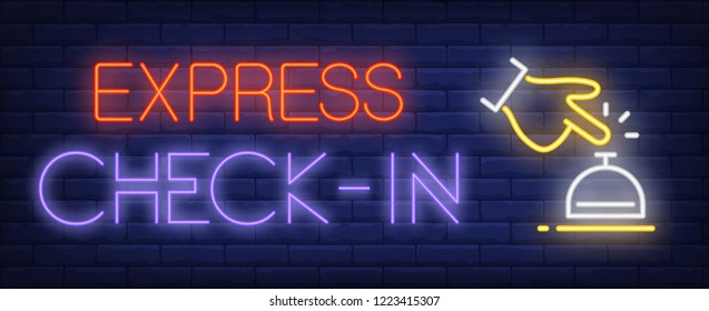 Express check-in neon sign. Glowing inscription with hand and table bell on dark blue brick background. Can be used for hotel services, hospitality, check-in, front hotel desk