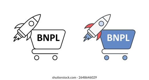 Checkout expresso com ícone BNPL mostrando foguete e carrinho de compras, perfeito para e-commerce, pagamento rápido, e comprar agora pagar ilustrações posteriores.