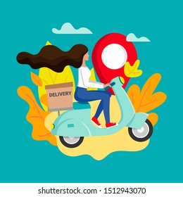 Express city delivery on scooter. Fast shipment concept. Girl courier rides a moped with parcel. Delivery service poster concept with female character. Vector illustration