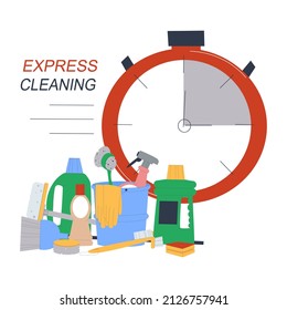 Express cleaning service. Service of cleanliness and order. Cleaning products, gloves and sponges. Flat vector illustration. Eps10