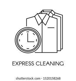 Express Cleaning Vector, Isolated Icon Of Clean Washed Shirts And Clock. Fast And Quick Service Of Washing And Drying Clothes. Laundry Sign For Shop, Professional Care For Clients Outfit Flat Style