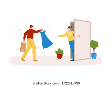 Express clothes delivery concept - fast delivery or shipping of parcels to home to front door, courier service with safe distance - flat cartoon vector. Courier with dress and happy woman