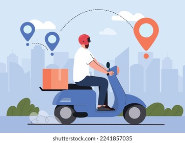 Express courier concept. Man with red box rides motorcycle in city. Online shopping and home delivery. Geolocation and navigation, order tracking and map, GPS. Cartoon flat vector illustration