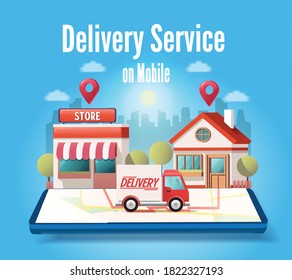 Express courier on delivery car shipping order on mobile