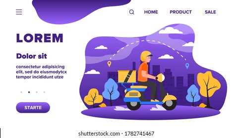 Express courier on scooter shipping order flat vector illustration. Cartoon man delivering package or parcel and using GPS. Transport, delivery service and navigation concept