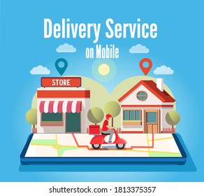 Express courier on scooter shipping order on mobile