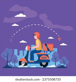 express courier scooter shipping order web template cartoon man delivering package parcel using gpsvector design illustration