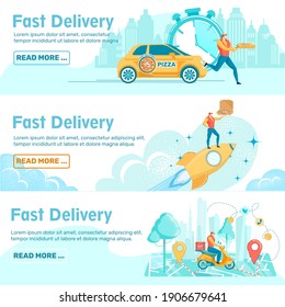 Express Courier Service Web Banner Templates Set. Italian Urban Restaurant Fast Delivery Landing Page Flat Vector Layouts Pack. Deliveryman Riding Car, Carrying Pizza Cartoon Characters Collection