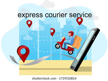 servicio de mensajería express.Paquete de entrega rápida por scooter en el teléfono móvil.Concepto de servicio de entrega en línea.