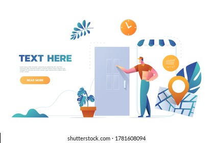 Express Courier Special Delivery Boy Man Messenger Cardboard Box Concept Knocking at Customer Door Wall Background Cartoon Design Vector Illustration