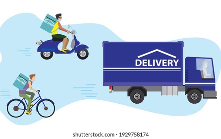 express courier with various means of transport, truck, motorcycle and bicycle