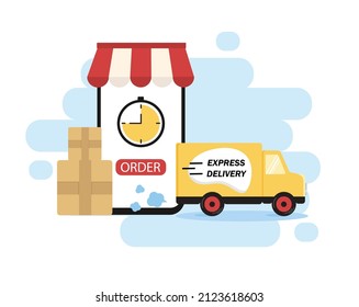 Express delivering, online smart tracking, courier, order delivery point concept. Cargo truck location, boxes with goods. Time tracking, clock. Concept of banner, poster, web, social media,advertising