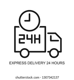 Express delivery 24 hours icon. Shipping with truck. Stroke outline style. Line vector. Isolate on white background.