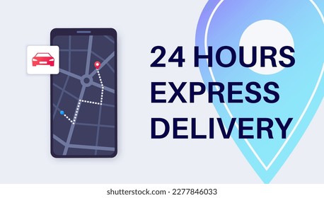 Entrega rápida 24 horas. Envío al día siguiente, servicio de logística online. Ruta en el mapa de la ciudad. Pantalla de smartphone con ubicación de carga. Courier con orden. Ilustración de vector plana de envío rápido.