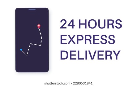 Express delivery 24 hours. Next day shipping, online logistics service. Route on the city map. Screen of smartphone with location of cargo. Courier with order. Fast shipping flat vector illustration.