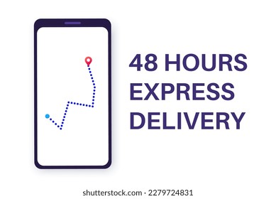 Entrega rápida 48 horas. Dos días de envío, servicio de logística en línea. Ruta en el mapa de la ciudad. Pantalla de smartphone con ubicación de carga. Courier con orden. Ilustración rápida de vectores planos