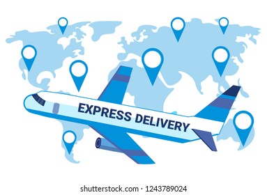 express delivery airplane transport world map geo tag background international transportation shipping industrial concept location flat horizontal