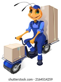 Express delivery ant courier scooter isolated on white illustration. Vector cartoon