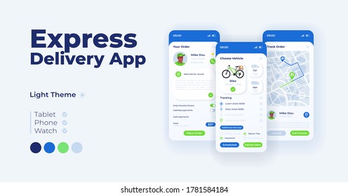 Express-Delivery-App-Cartoon Smartphone-Schnittstelle Vektor-Vorlagen Set. Mobile App-Bildschirm Lichtmodus Design. Bestellen Sie Details und Route UI für die Anwendung. Telefonanzeige mit flachen Illustrationen