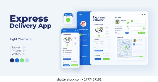 Plantilla de diseño adaptable del vector de pantalla de la aplicación de entrega rápida. Los productos que ordenan el servicio de aplicación de modo ligero se interfaz con ilustraciones planas. Smartphone, tablet, interfaz de usuario de dibujos animados para reloj inteligente