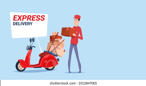 Express Delivery Asian Man Deliver Boxes With Retro Scooter Courier Service Template Banner Flat Vector Illustration