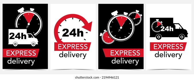 Express Delivery Banner Set With Stopwatch, Countdown Timer, Chronometer Icon Or Logo On A Delivery Truck In Red And Black Colours On White Background. Fast Urgent Courier Service Vector Illustration.