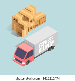Express delivery. Big truck with stack of cardboard boxes. Vector concept isolated on light background.