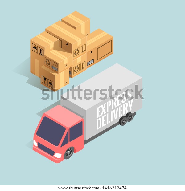 Express delivery. Big truck\
with stack of cardboard boxes. Vector concept isolated on light\
background.